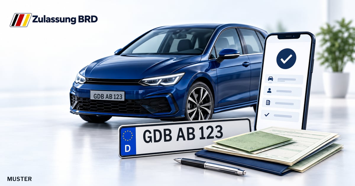 Online Fahrzeugzulassung in Landkreis Nordwestmecklenburg: Musterkennzeichen GDB AB 123, Auto und Fahrzeugpapiere und Smartphone. Illustration mit Logo von Zulassung BRD.